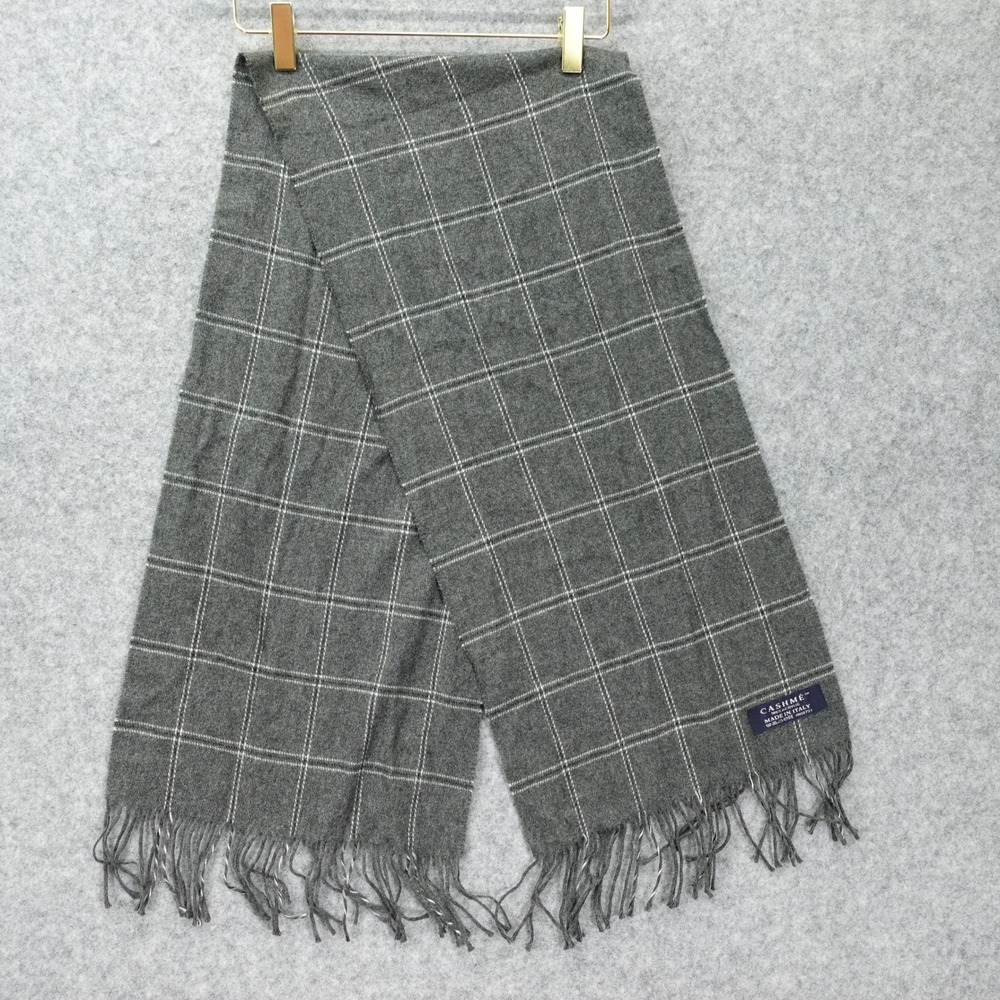 Windowpane Plaid Scarf Fringe Gray Grid Check Cozy Knit Wrap Winter 11x56 Cashme